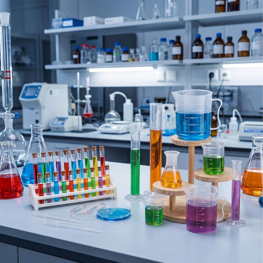 60 pcs Beakers and Test Tubes Set Include 6 Graduated Cylinder 7 Beakers 4 Flask 20 Droppers 20 Test Tubes with Rack