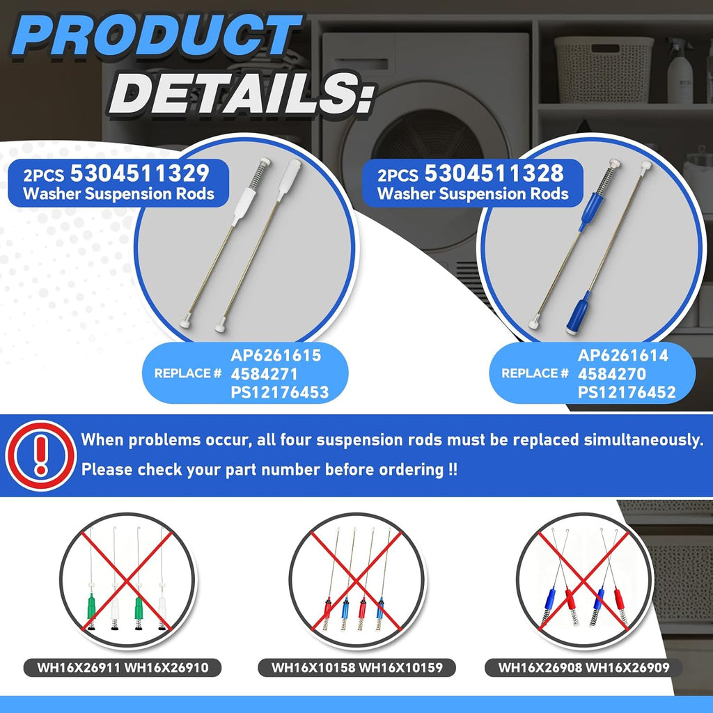 5304511328 & 5304511329 Washer Suspension Rods Kit,Fit for Frigidaire Washer FFTW4120SW FFTW4120SW0 FFTW4120SW1 Moels, Replace Part Number 4584270 4584271 AP6261614 AP6261615