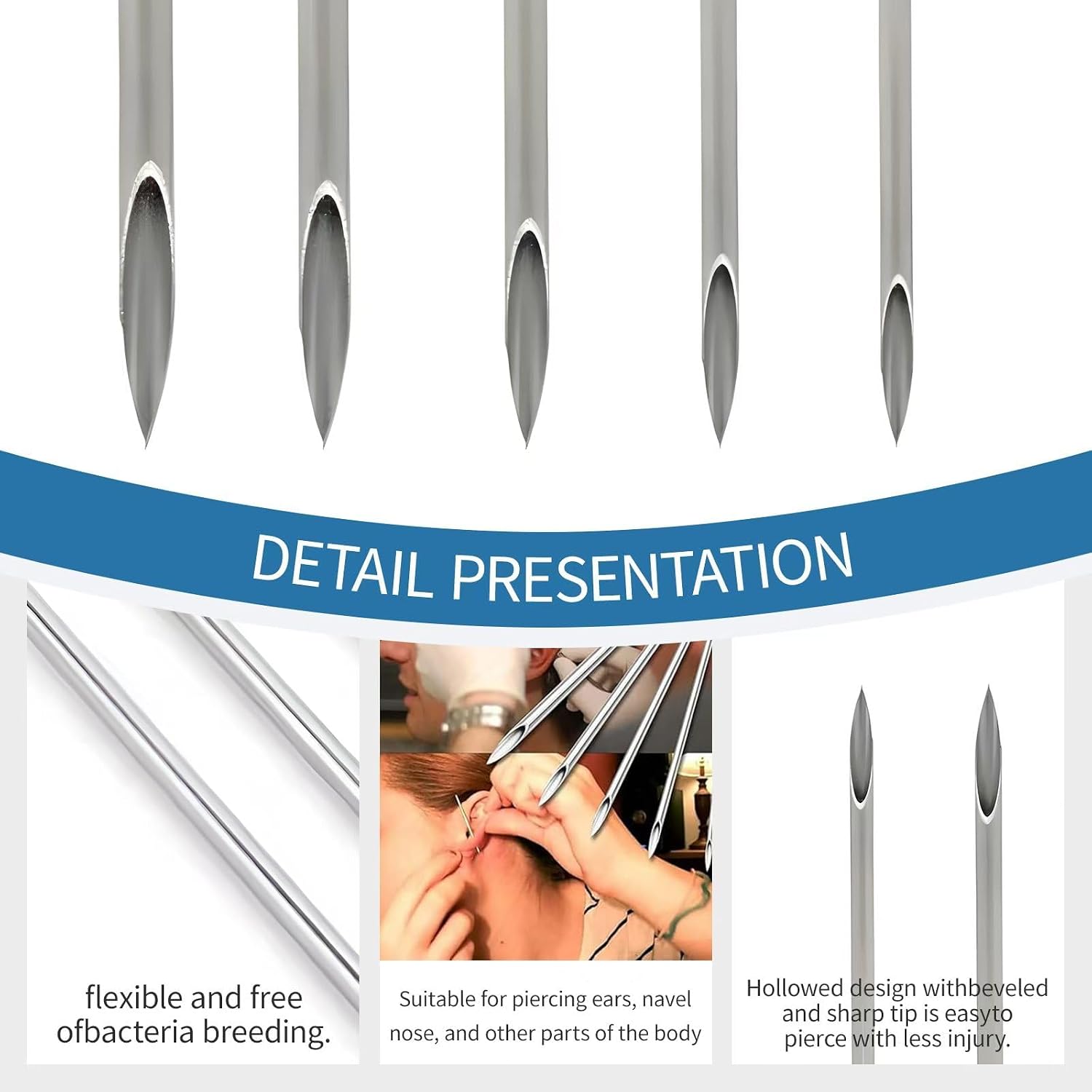 Piercing Kit -39Pcs Body Piercing Practice Kit with Silicone Ear & Nose Model - 25 Mixed Hollow Needles (12G-20G)