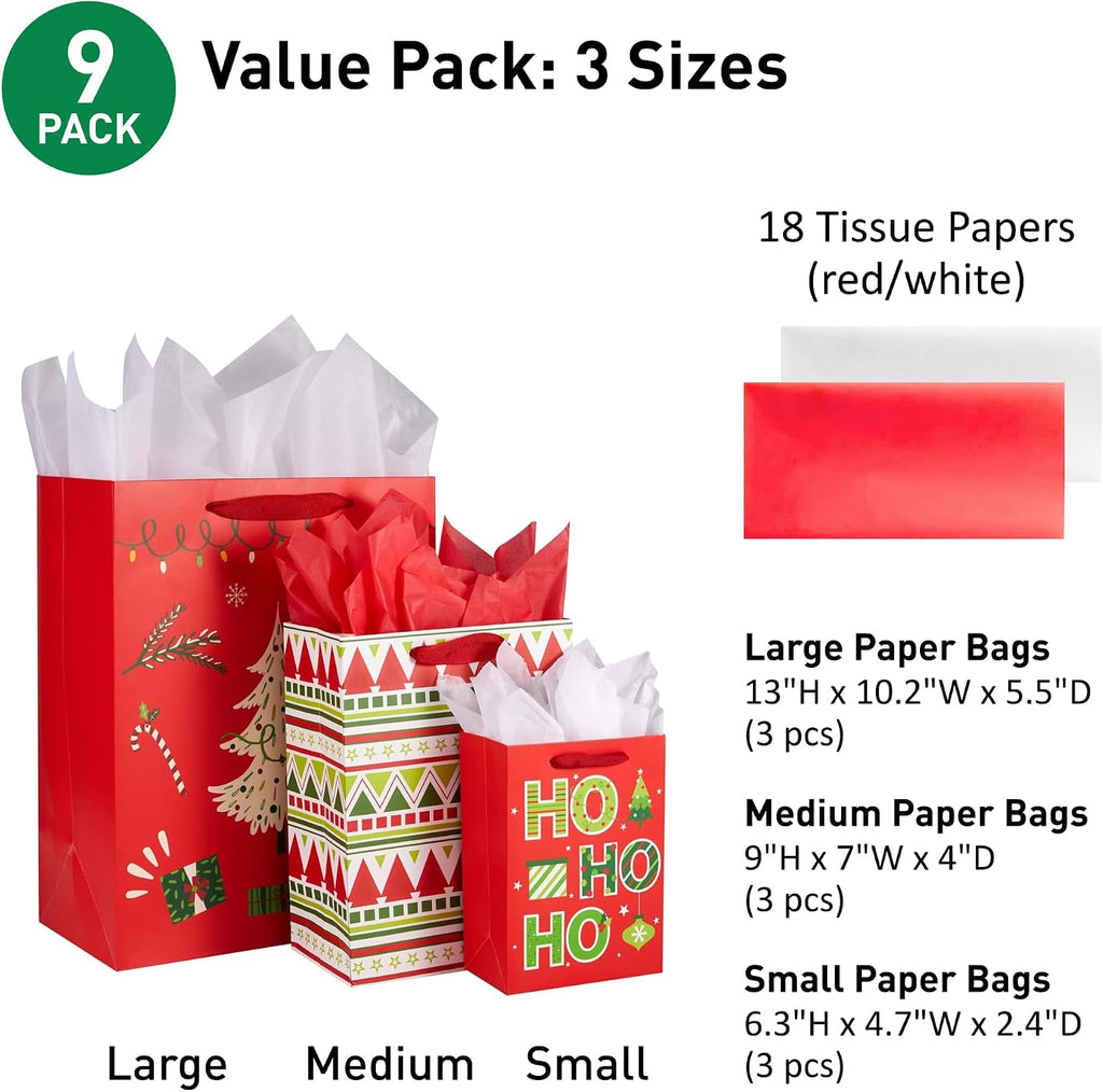 9 Pack Assorted Sizes Red Christmas Gift Bags with Tissue Paper