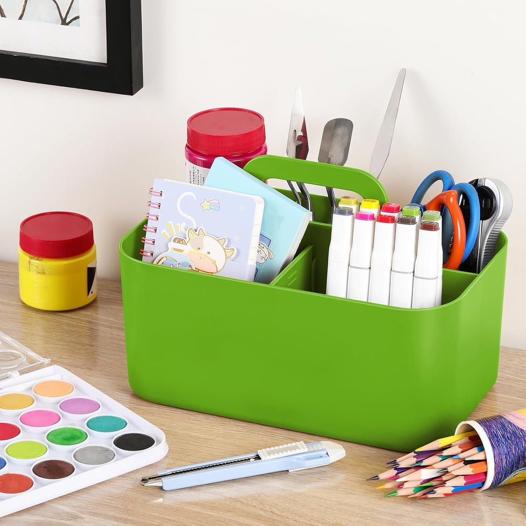 Multiuse Caddy Organizer with Handle, Portable Divided Plastic Tote Bin - Art Craft, Stationary Pen Marker Crayons