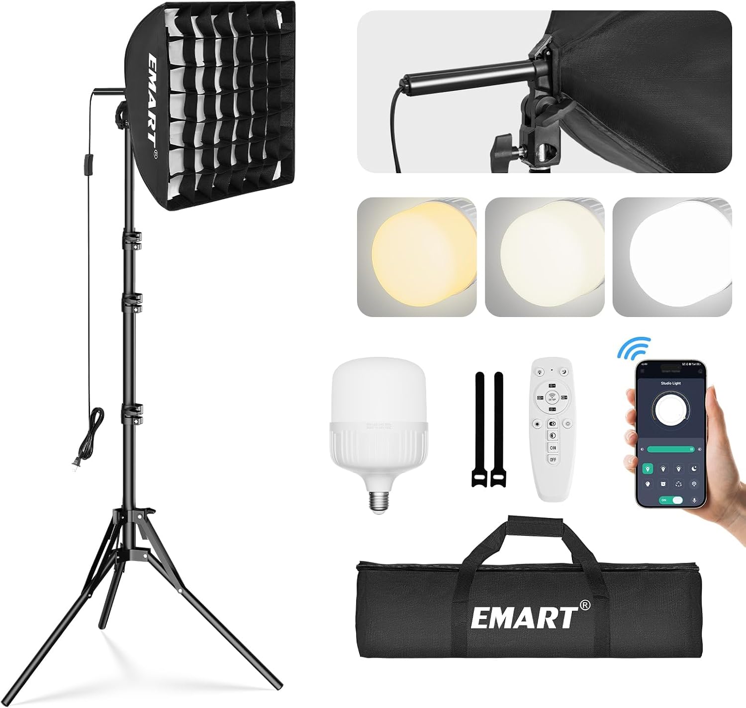 Softbox Lighting Kit with Grid, 50W 16"x16" Soft Box for Photography | Pull Softbox, 3000K-6000K LED Bulb with