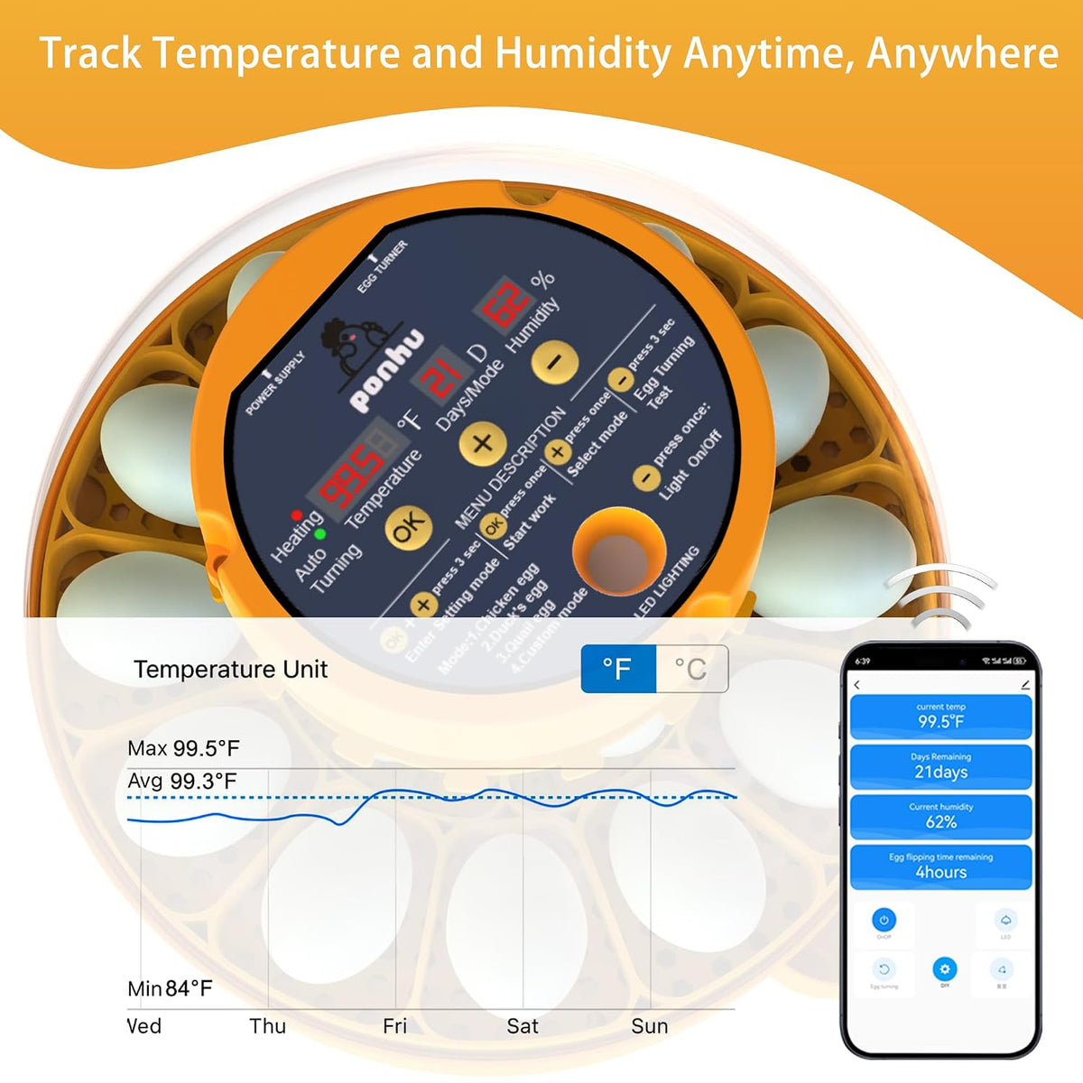 16 Duck Eggs Incubator with Phone App, Automatic Incubator with Custom Mode