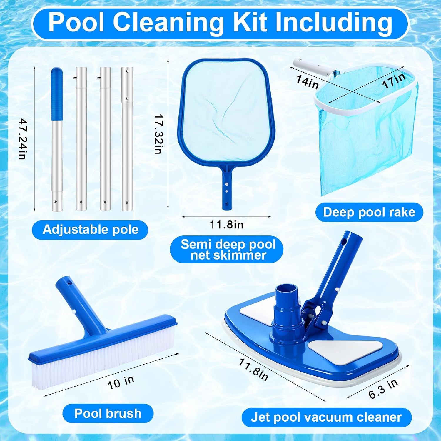 5 Pcs Pool Vacuum Cleaning Kit Includes Round Corner Pool Vacuum, 2 Skimmer Nets with 47" Adjustable Pole and 1 Brush