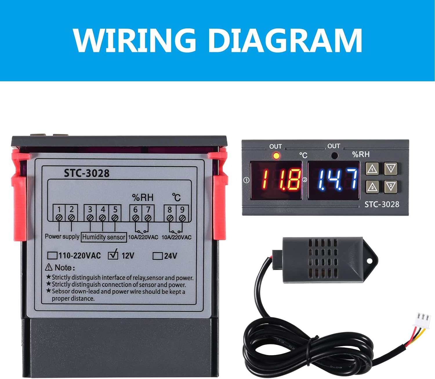 STC-3028 Temperature Controller 12V Temperature and Humidity Controller Meter with Integrated Sensor Dual Digital