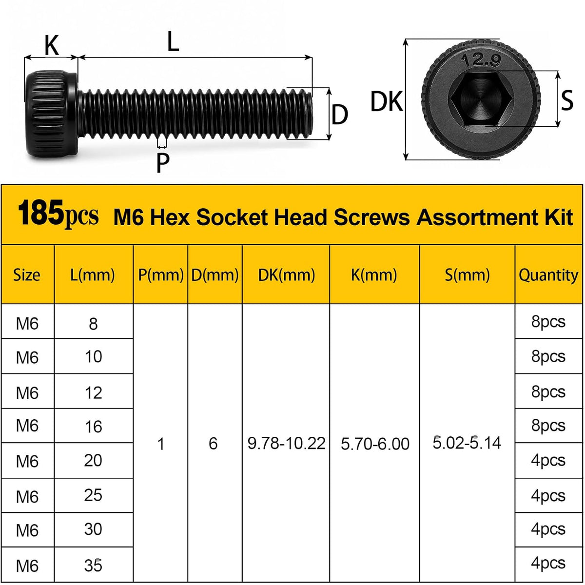 185PCS M6 Socket Screws Assortment Kit, M6x8/10/12/16/20/25/30/35 mm