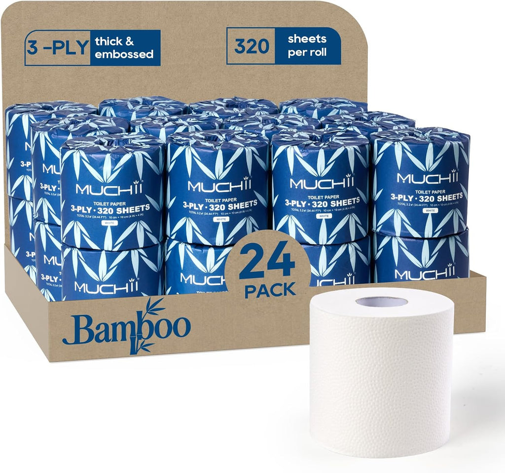 Bamboo Toilet Paper 3-Ply, Septic Safe Bath Tissue, 24 Rolls, White