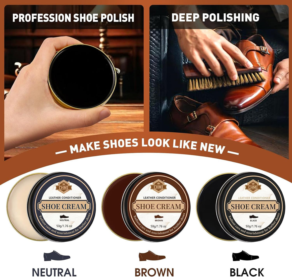 16PCS Leather Shoe Polish Kit,Shoe Shine Kit with Black/Brown Shoe Polish,Shoe Bruhses for Leather Boot Care and