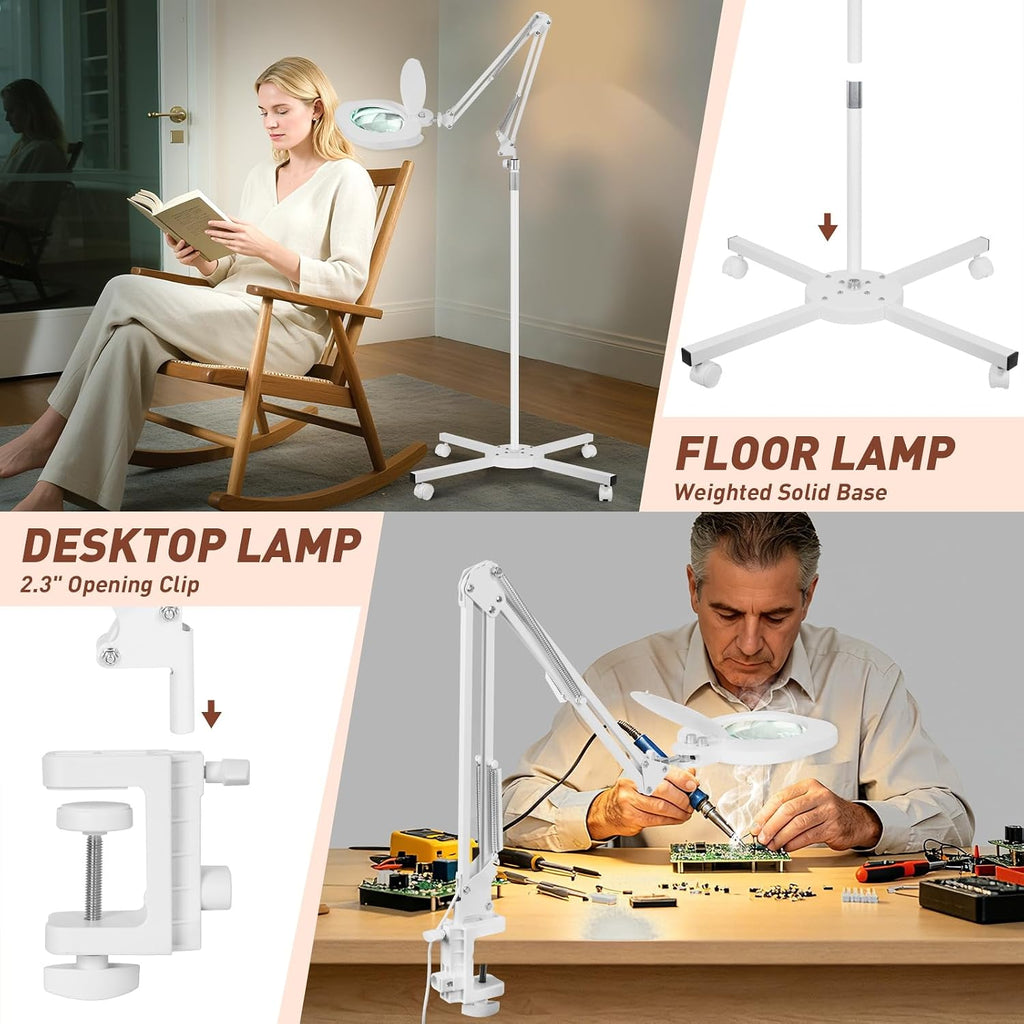 2200 Lumens 12X Esthetician Magnifying Lamp, 5-Inch Real Glass Lens | 4-Wheel Rolling, Adjustable Height, Mag Light