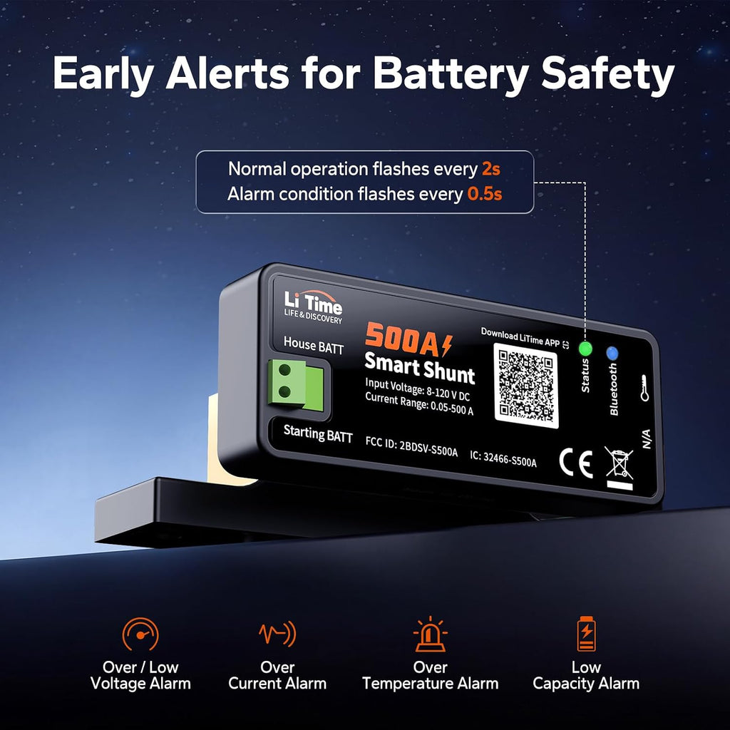 500A Bluetooth Battery Monitor, 8V-120V Batteries Smart Shunt M8 | Real-Time SOC/Voltage/Current, Alarm Alerts