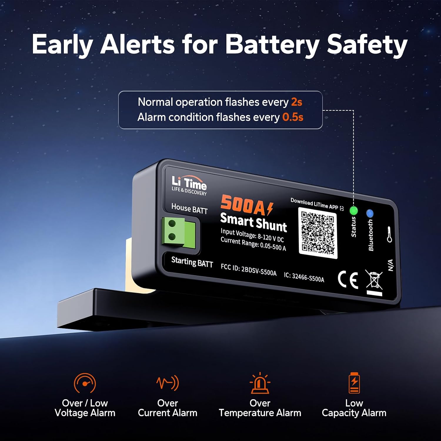500A Bluetooth Battery Monitor, 8V-120V Batteries Smart Shunt M8 | Real-Time SOC/Voltage/Current, Alarm Alerts