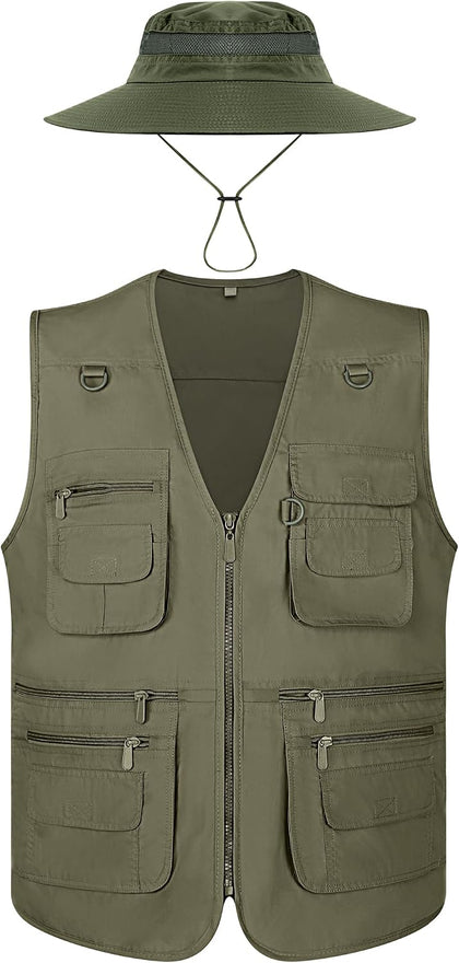 2 Pieces Men's Work Fishing Vest with Hat Lightweight Safari Travel Hunting Waistcoat With Multi Pockets Fishing Hat