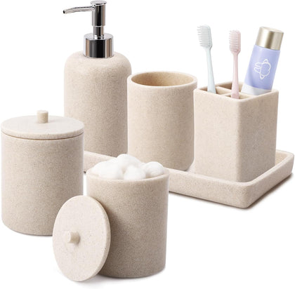 Resin Beige 6 Pcs Bathroom Set Complete with Toothbrush Holder, Lotion Soap Dispenser, 2 Qtip Holder