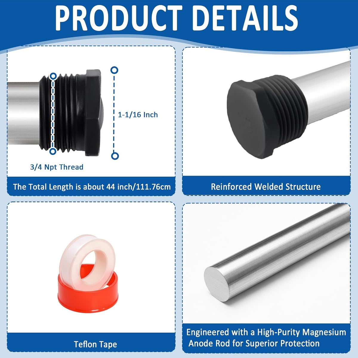 42" Flexible Magnesium Anode Rod for Hot Water Heater, 3/4" NPT