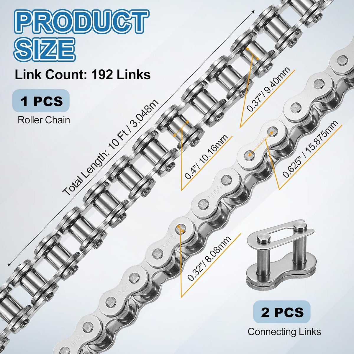 DTGN ANSI #50/ISO (DIN) 10A-1 Roller Chain 10 Ft 192 Links Stainless Steel