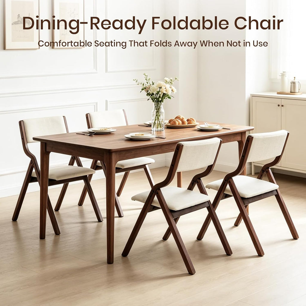 Stackable Foldable Chairs Set of 4, Fully Assembled Padded Fabric Upholstered Seat with Solid Wood Frame, for