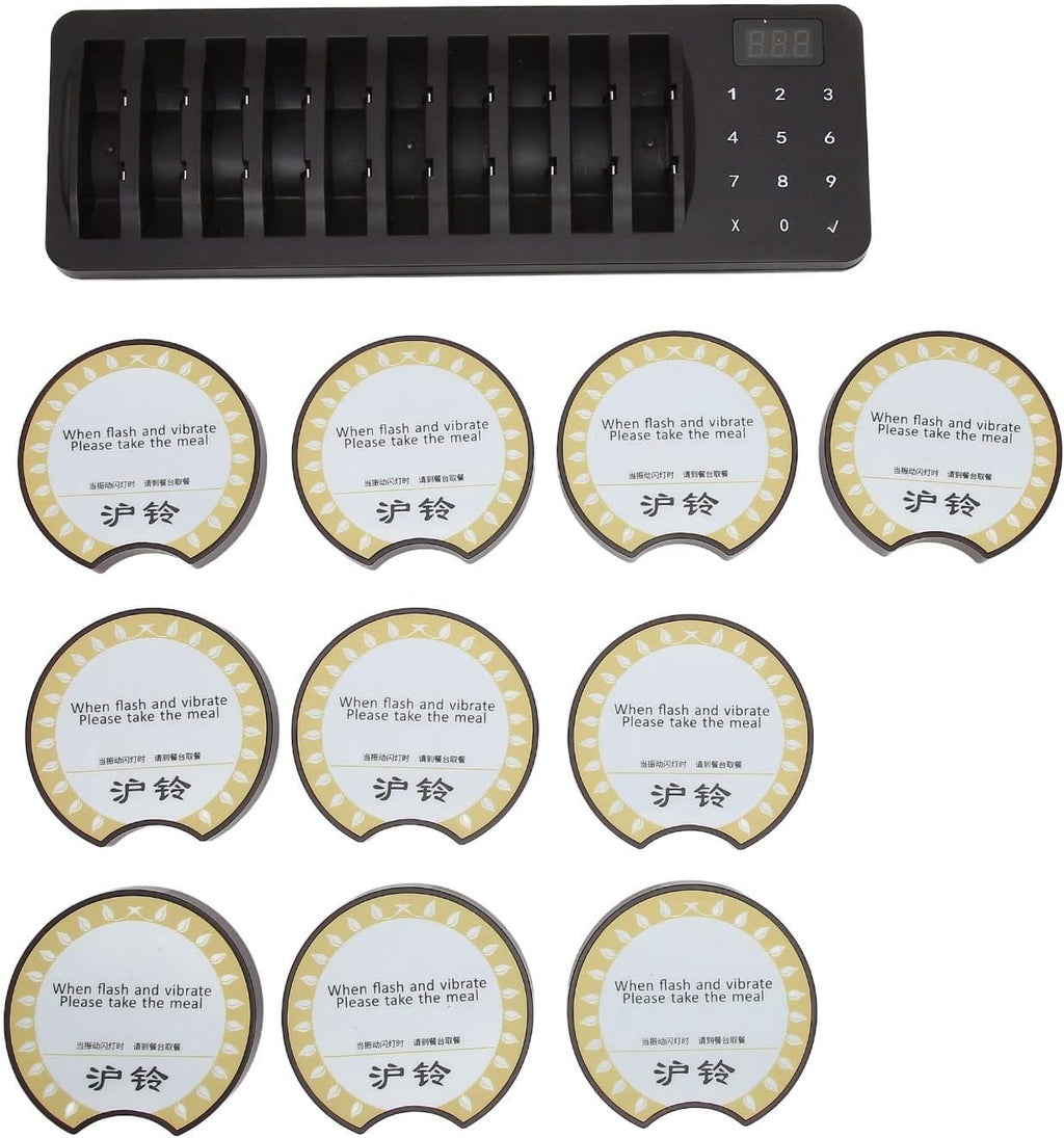 Wireless Calling System with 1 Host and 10 Pagers, 300m Range, Disc Charging, Flashing, Buzzer, and Vibration
