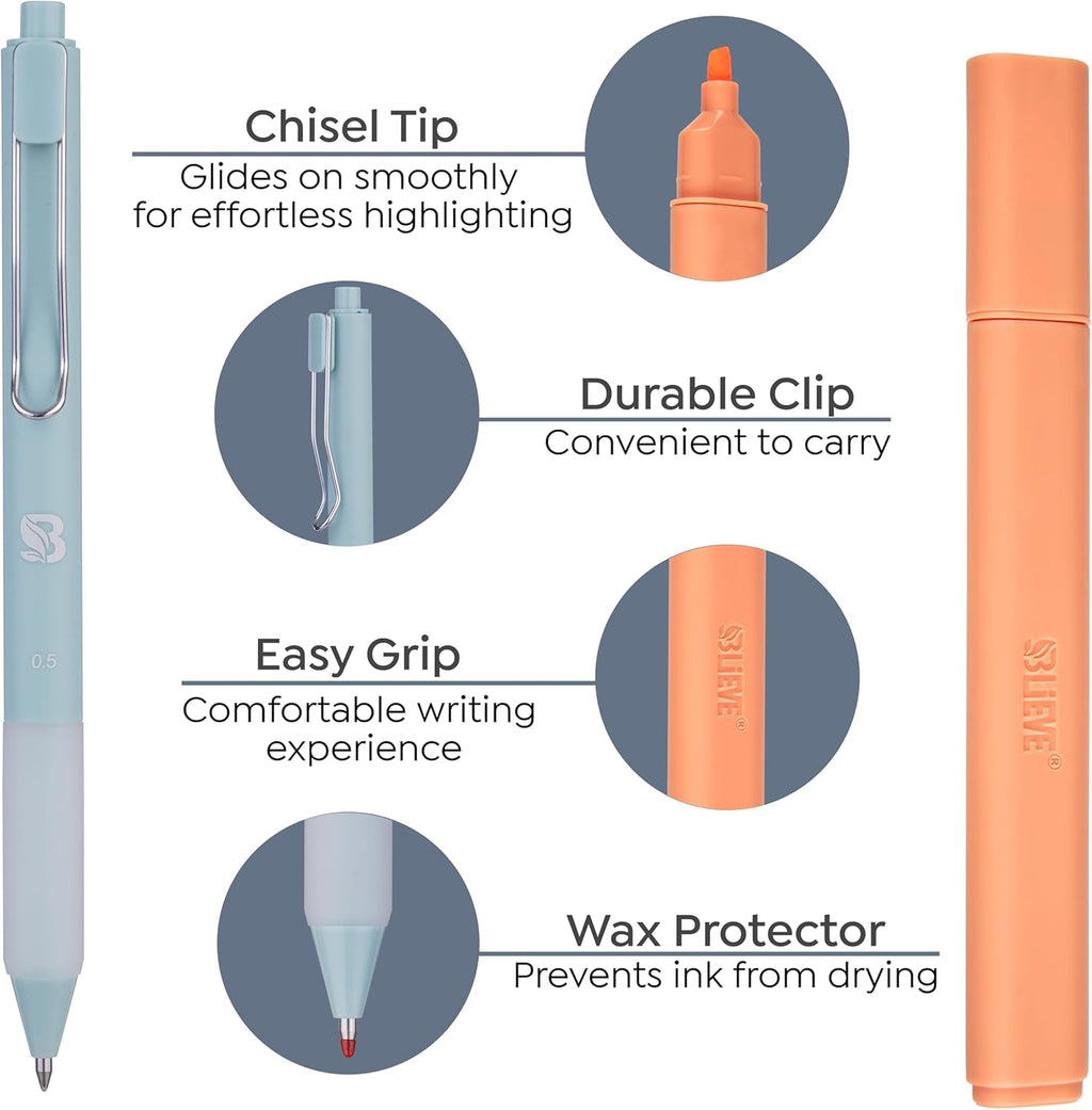 Bible Highlighters And Pens No Bleed, Chisel Tip & Rollerball Pens, Multicolor Ink, Comfort Grip & Fast Dry, Cute