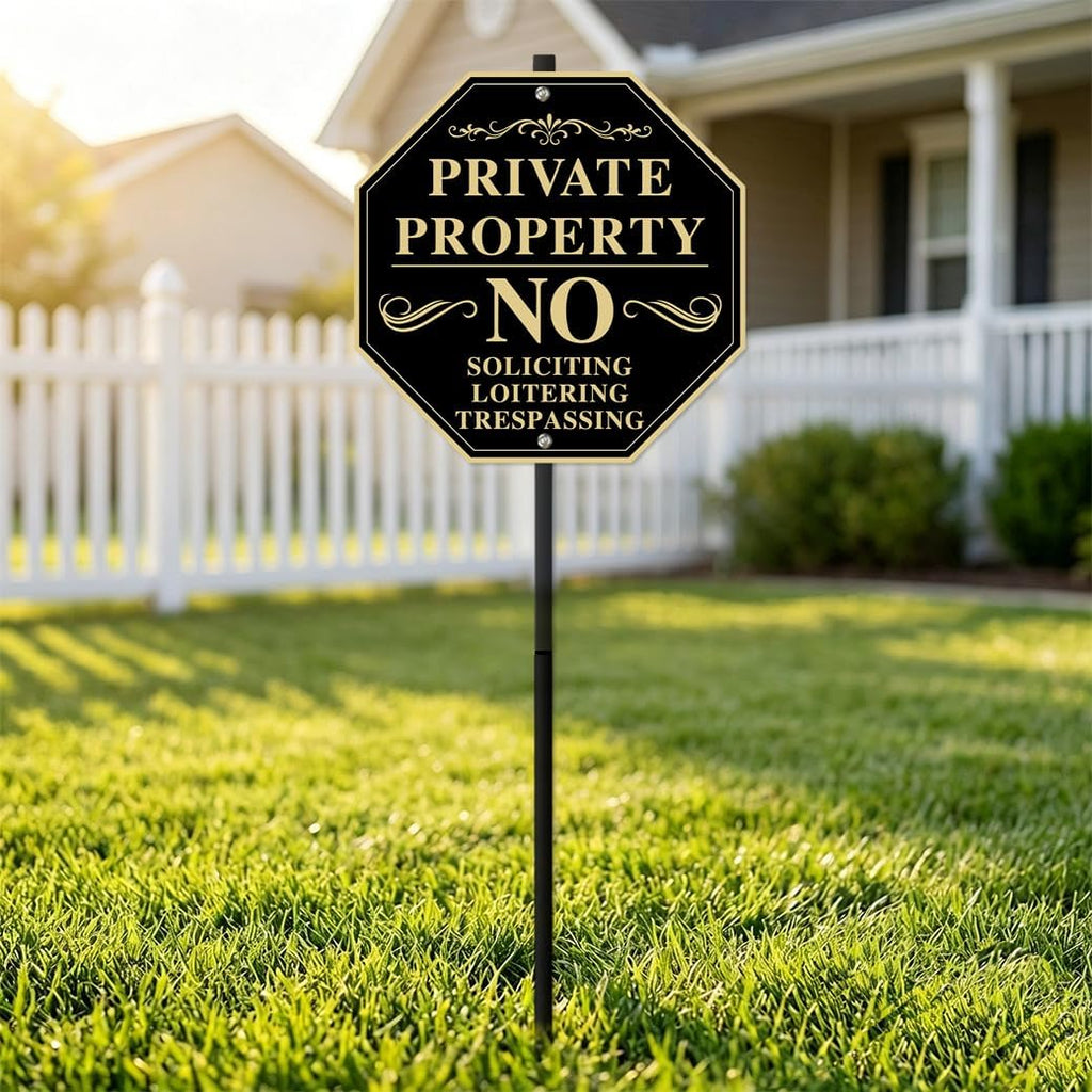 Private Property No Trespassing Sign with Stake, 11x11 inch/30 inch High, No Soliciting Sign for House, Weatherproof