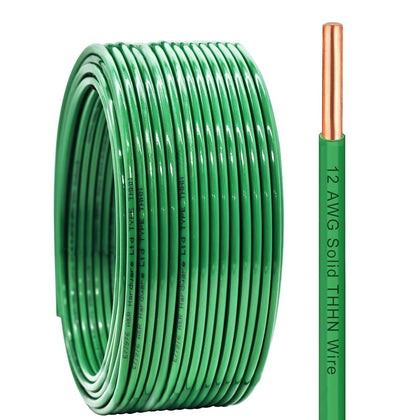 12 Gauge THHN Wire 50 FT Green Rated 600V OFC Cable | 12 AWG Solid Copper Wire with Nylon Jacket for Building