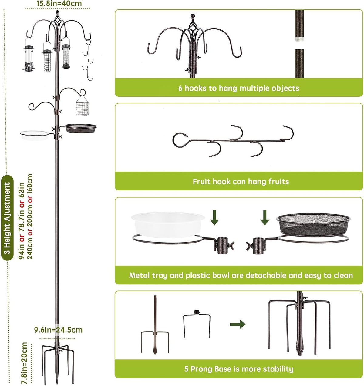 Bird Feeder Station with Suet Cage & Water Bowl Fruit Hook- Adjustable Pole, 6 Hanging Hooks for Wild Birds, Outdoor