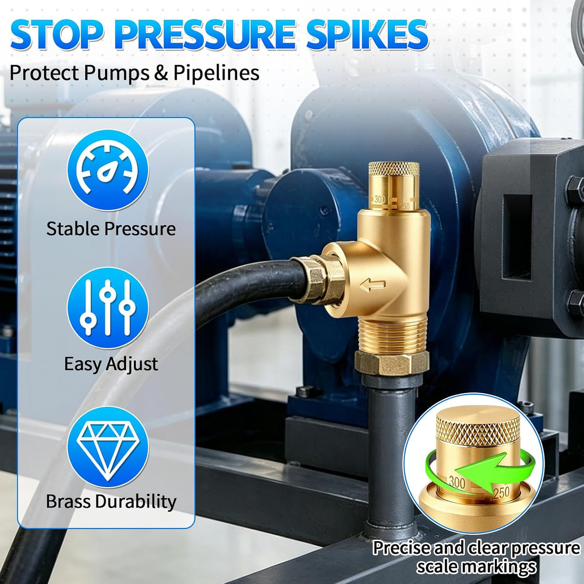 Poppet Adjustable Relief Valve 100-300 PSI, Brass Pressure Relief Valve