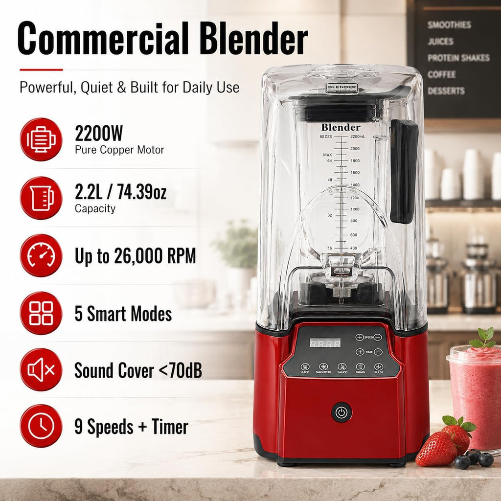 2200W Commercial Blender with Sound Enclosure – 9-Speed 26000 RPM, 6 Sharp Steel Blades, Timer, 2.2L Professional