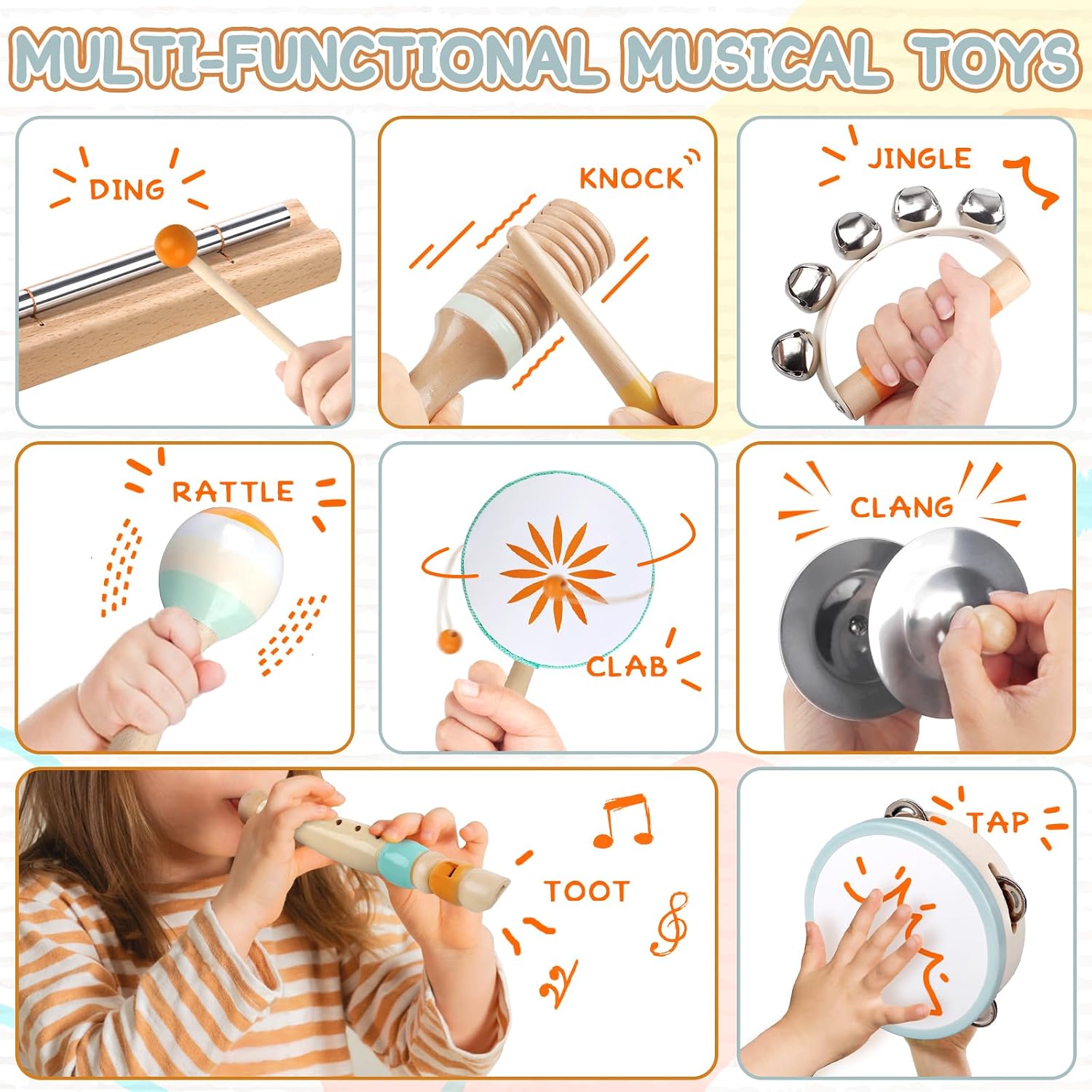 Baby Musical Instruments - Montessori Wooden Musical Toys for Toddlers Kids | 10pcs Tambourine Percussion Instruments