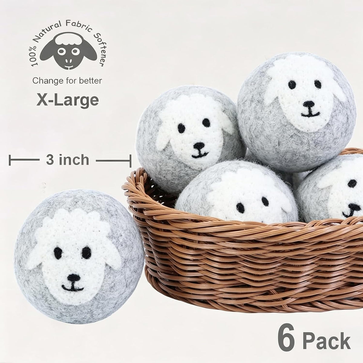 Wool Dryer Balls XL 6-Pack, 100% New Zealand Wool Handmade