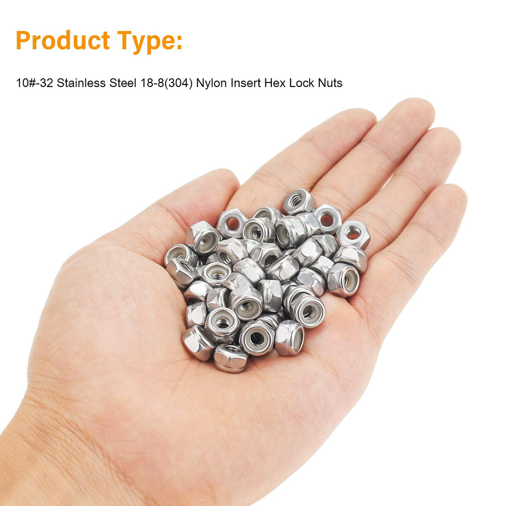 120 Pieces 10#-32 Nylon Insert Hex Lock Nuts, 304 Stainless Steel