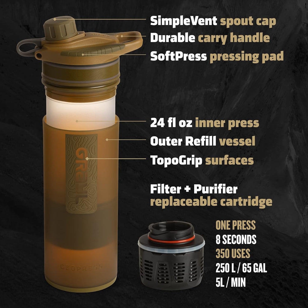 GeoPress 24 oz Water Purifier Bottle - Filter for Hiking, Camping, Survival, Travel (Coyote Brown)