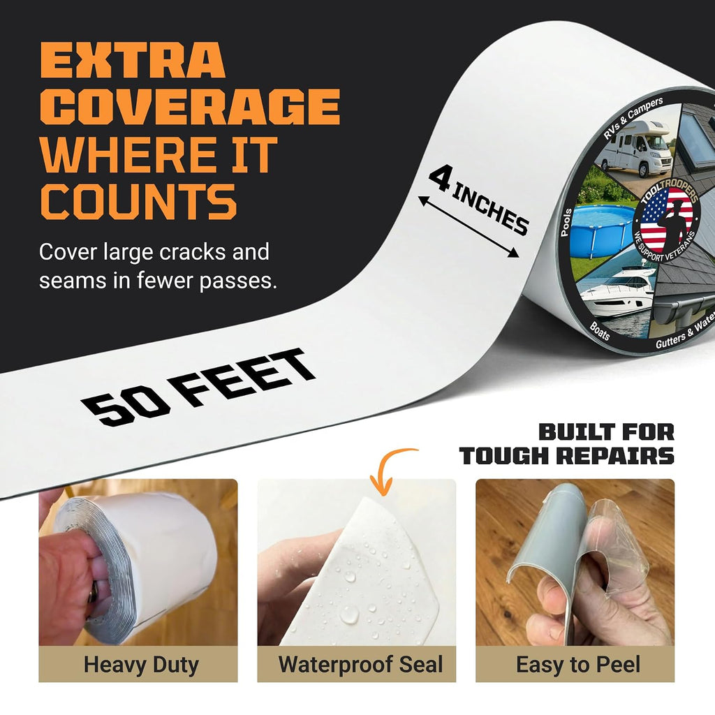 TITANPATCH PRO Waterproof Sealant Tape – White 4" x50' – Stops Leaks Fast & Stays Sealed for 15+ Years – Sticks to