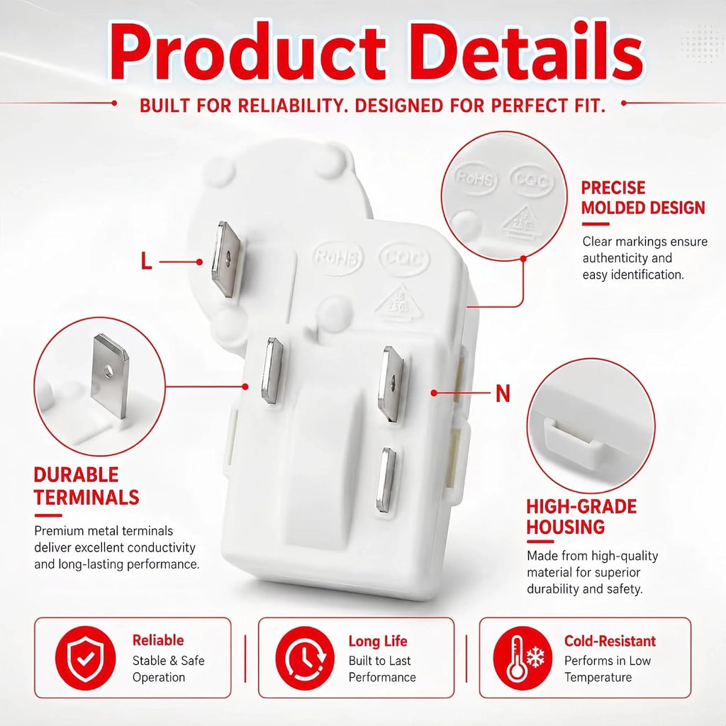 2Pin Refrigerator Overload Protector PTC Starter Relay Compressor | Fits Danby, Haier, Midea mini fridge and freezer