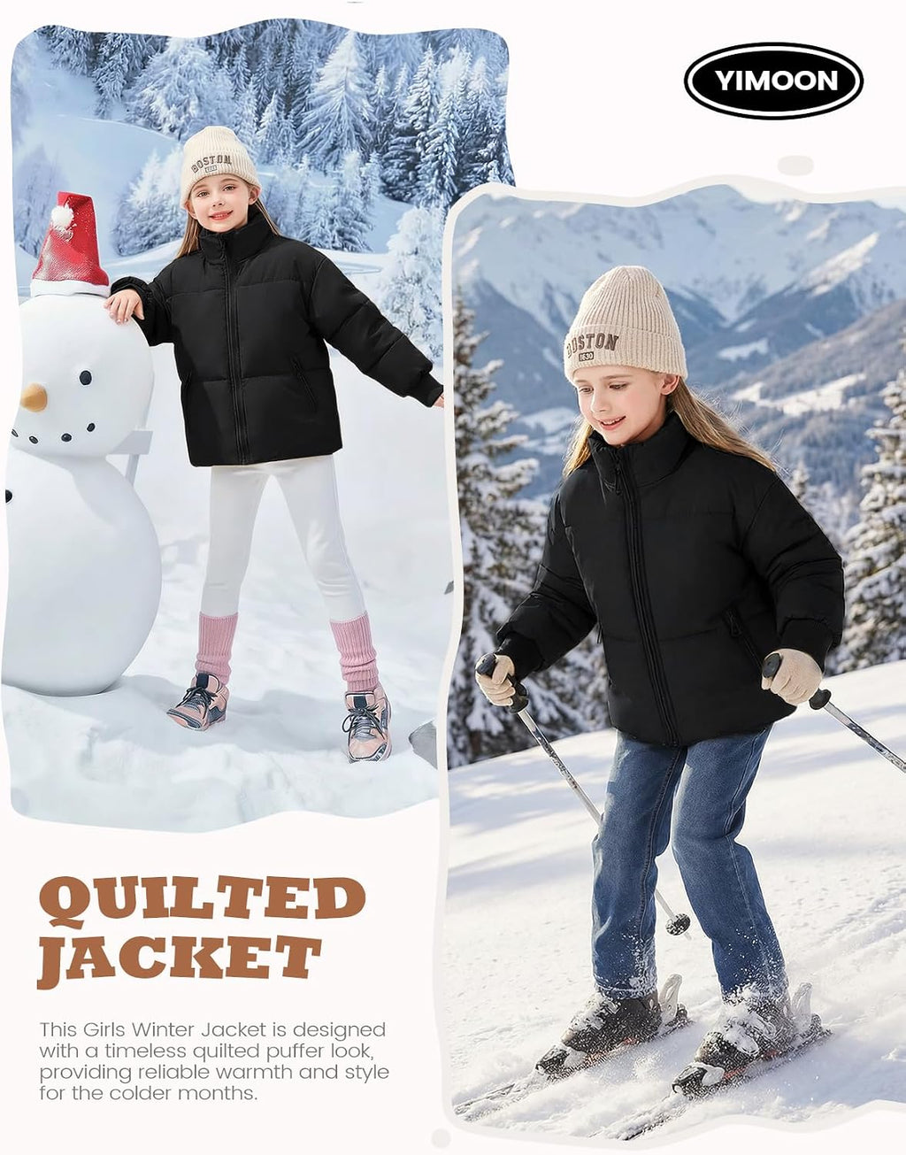 Girls Winter Puffer Jacket Kids Warm Quilted Puffer Coat | Zip Up, Stand Collar, Long Sleeve, Cropped Puffy Jacket