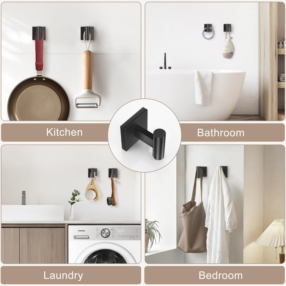 Matte Black Bathroom Accessories, Toilet Paper Holder, Towel Ring & Hooks