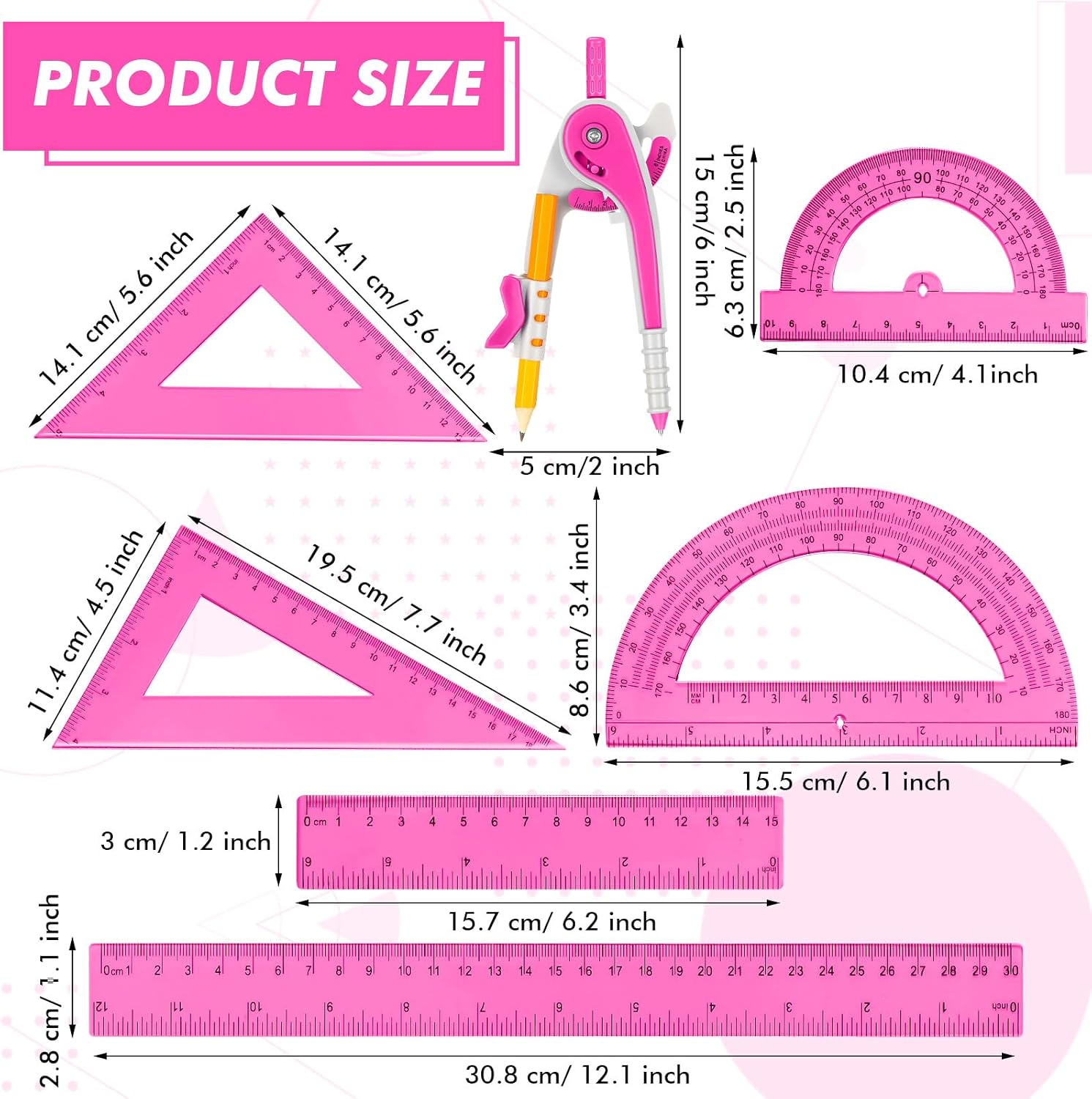 1 Set Plastic Geometry Math Set 7 Pcs Includes 6'' / 4 '' Protractor, Drawing Compass, 45/60 Degree Triangle Rulers