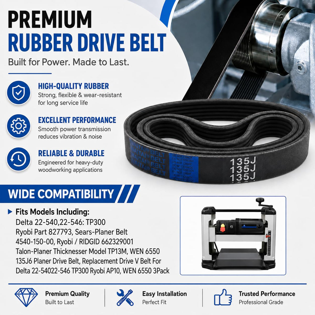 3 Pack 135J6 Planer Drive Belt for Ryobi Delta Ridgid Craftsman