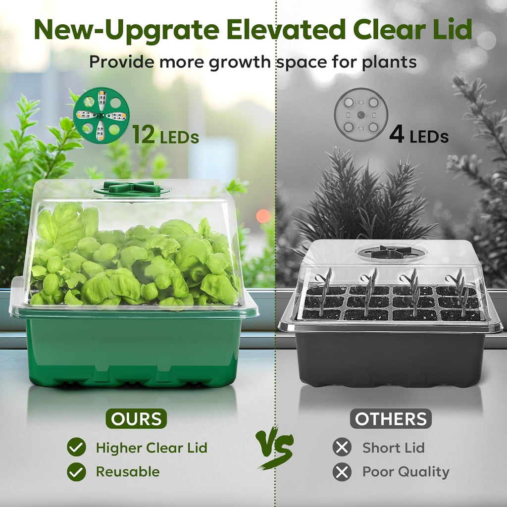Seed Starter Kit with Grow Light, Elevated Seedling Tray Kit with Adjustable Humidity Dome and Clear Cell Tray, 12