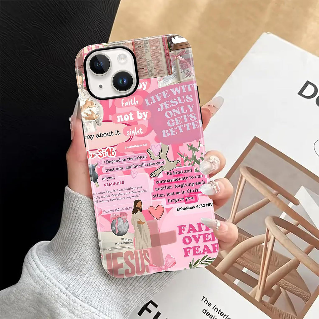 Pink Collage Jesus Quote Phone Case for iPhone 14/iPhone 13 6.1", Girly Bow Christian Bible Verse Design Cover for