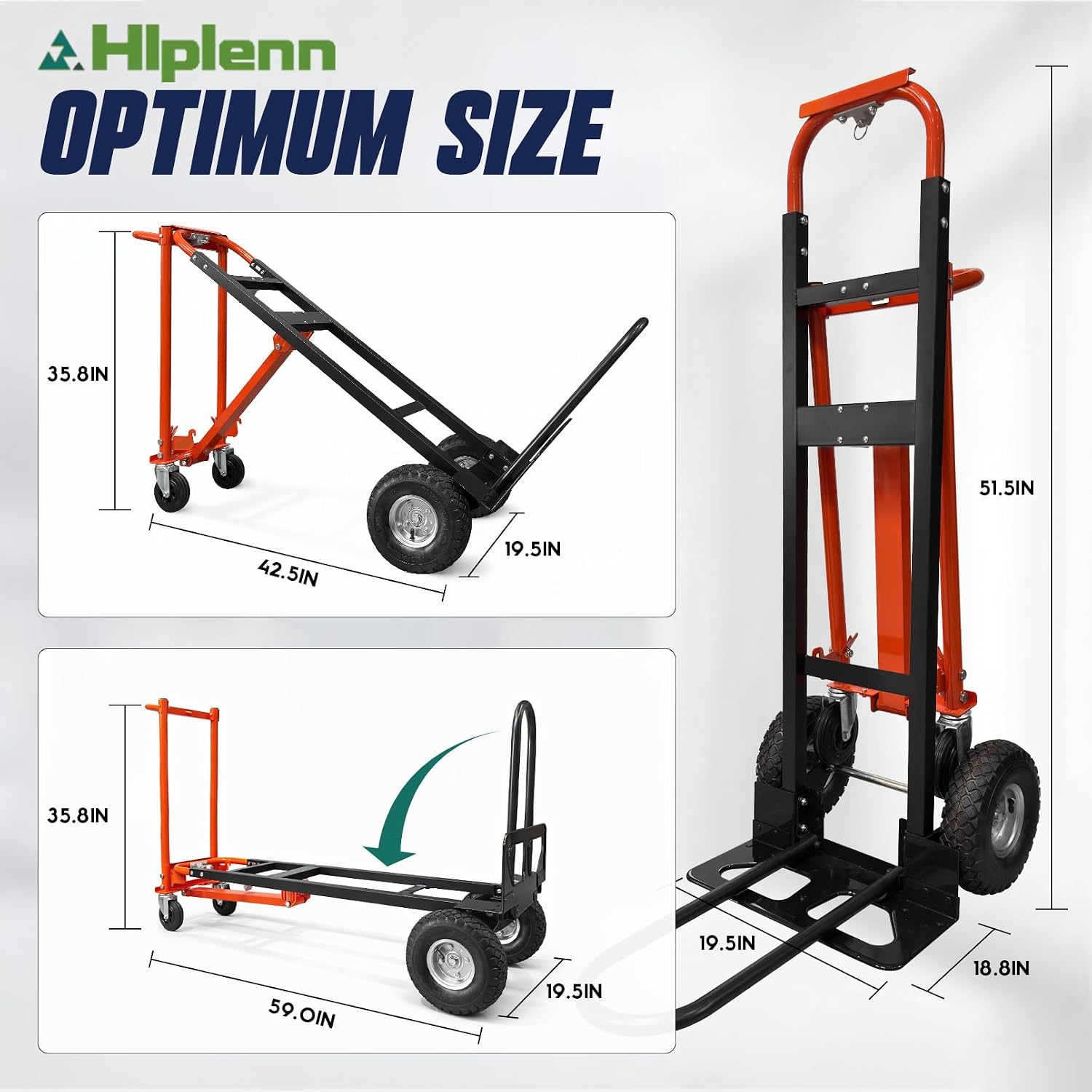 Aluminum 4 in 1 Convertible Hand Truck Dolly with 4 Wheels | 1000LBS Capacity, Includes 2 straps, Ergonomic Handle