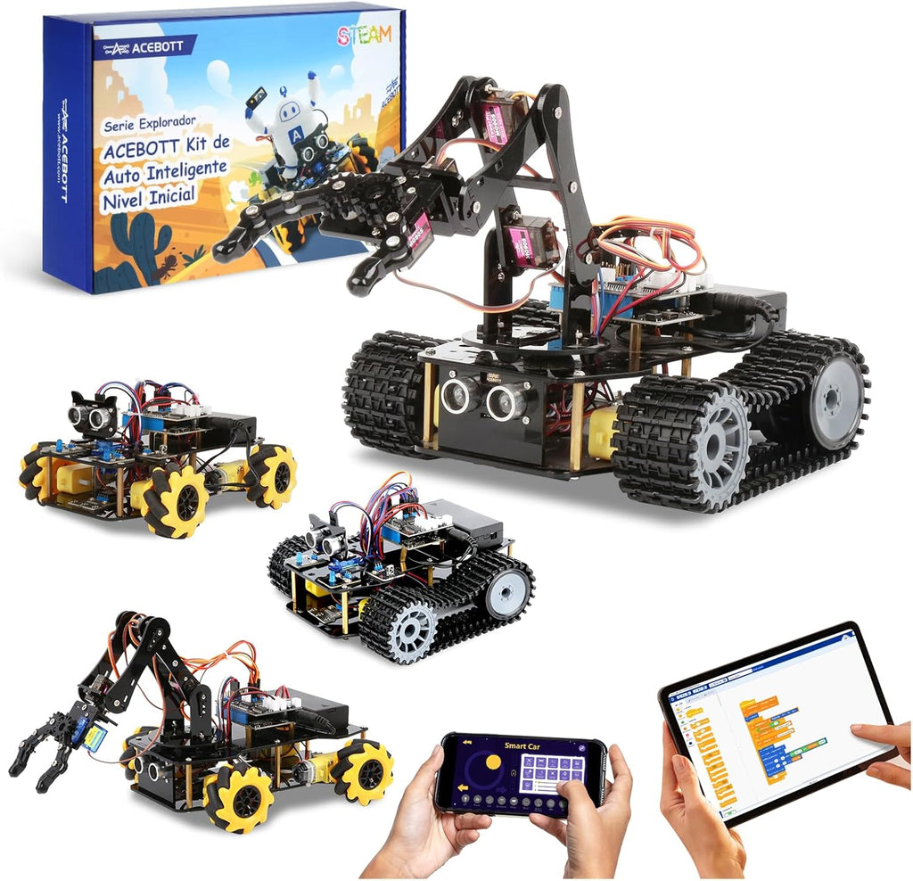 Robotics for Kids Ages 12-16, ACEBOTT 4 in 1 Smart Robot Arm with 5DOF + Tank Car, STEM Toys Coding Kit Compatible