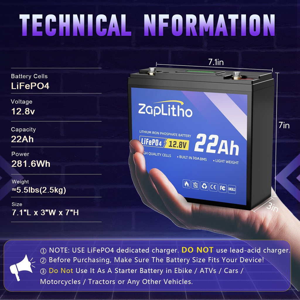 Upgraded 12V 22Ah Lithium Battery LiFePO4, LCD Voltage Diaplay & 30A BMS, Deep Cycle Grade A Cells, Lightweight
