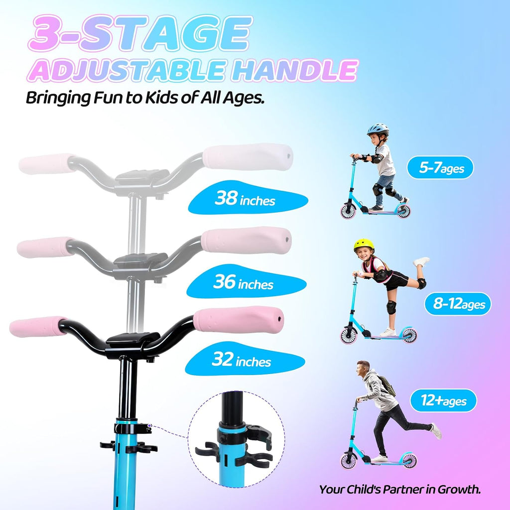 Kick Scooter for Age 6+ Kids Teens Adults, Max Load 240 LBS, Adjustable Height Foldable with 8" Large Wheels