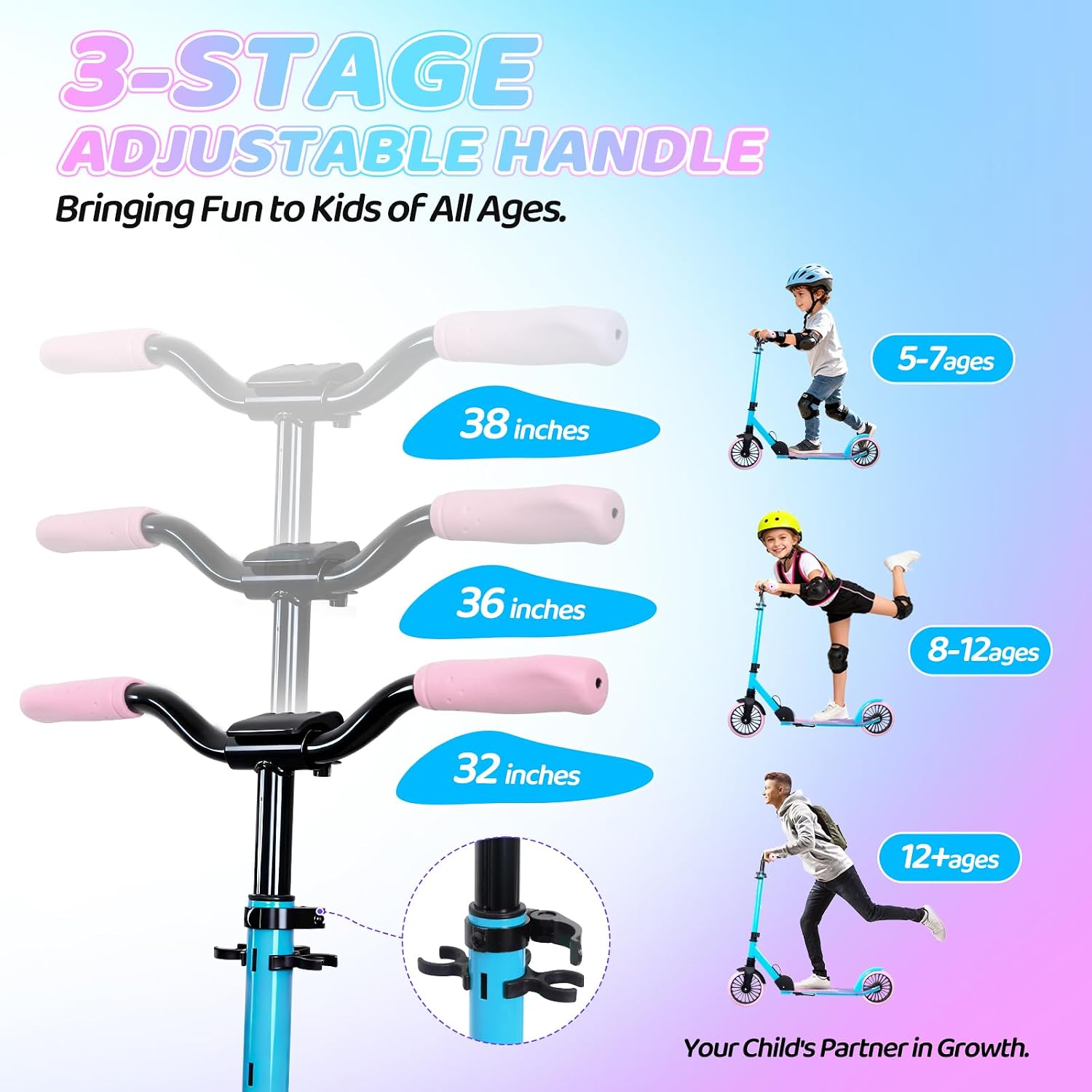 Kick Scooter for Age 6+ Kids Teens Adults, Max Load 240 LBS, Adjustable Height Foldable with 8" Large Wheels