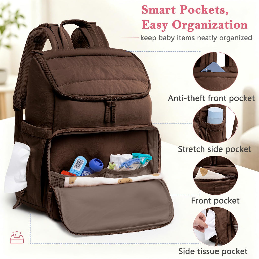 Puffy Diaper Bag Backpack for Mom, Large Quilted Baby Backpack