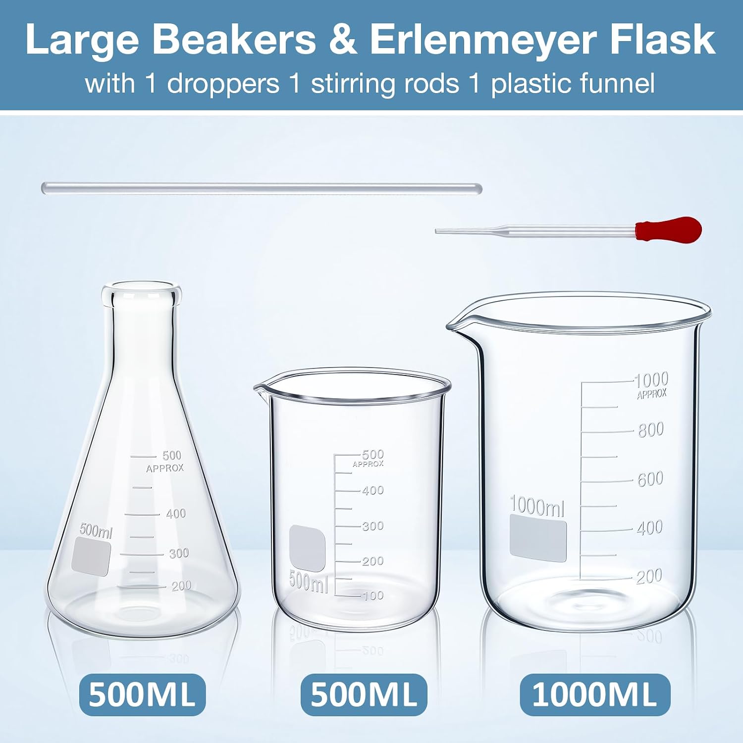 9 Pcs Lab Glass Beaker Set Includes Glass Graduated Cylinder 500ml 1000ml Erlenmeyer Flask 500ml Graduated Cylinder