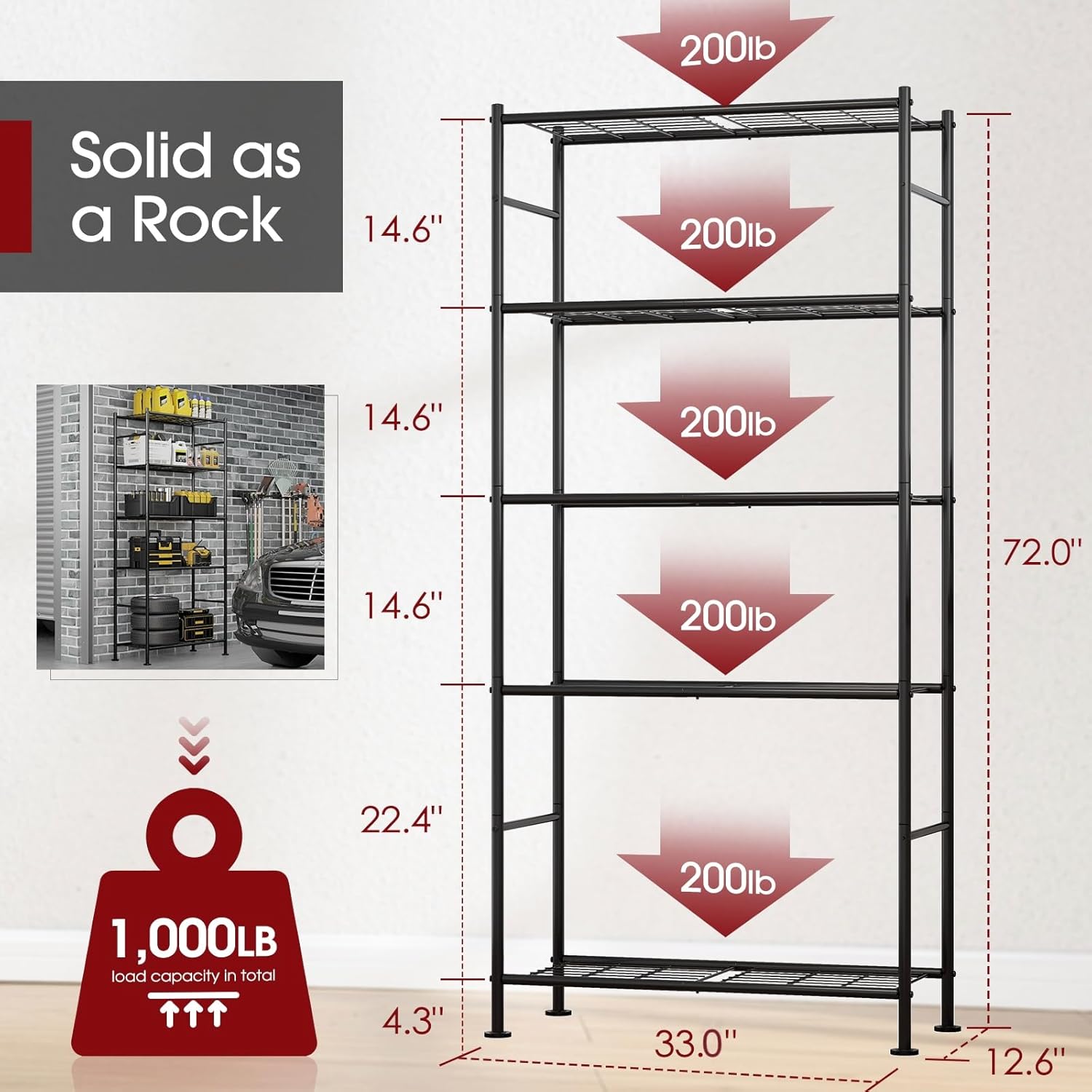 Storage Shelves - 5 Tier Shelf Organizer, Heavy Duty Garage Shelving Unit with Leveling Feet, Stable Metal Shelves