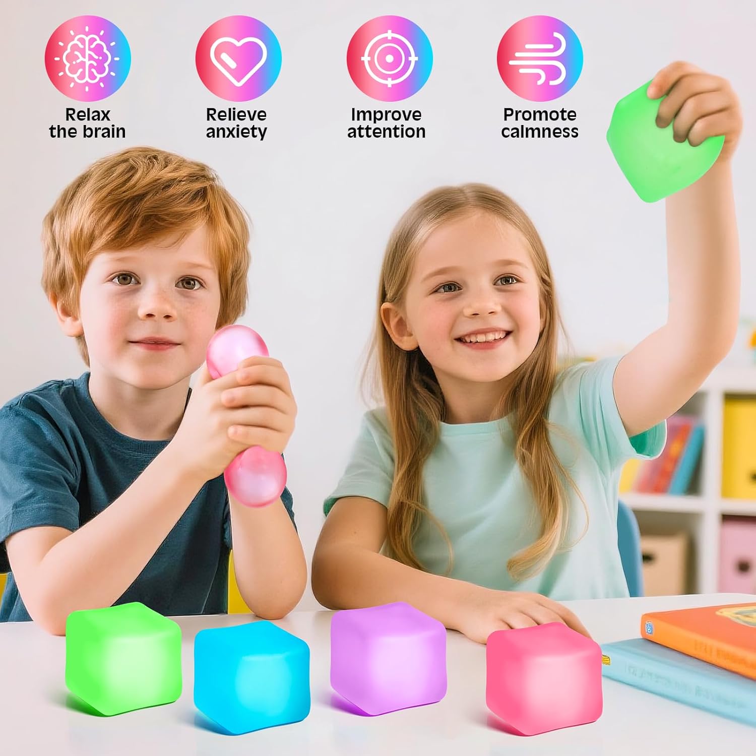 4 Pack Stress Cube,Slow Rising Ice Cube Stress Balls for Adults Kids | Sensory Fidget Toy for Anxiety Relief, Square