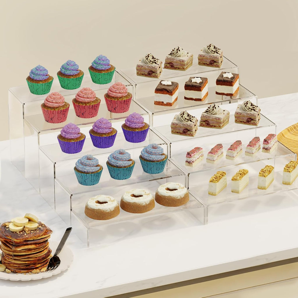 10 Pieces 2 Set (7”L~8”L~9”L) Large Display Risers, 4" Wide Clear Rectangular Stand Shelf for Showcase Collectibles