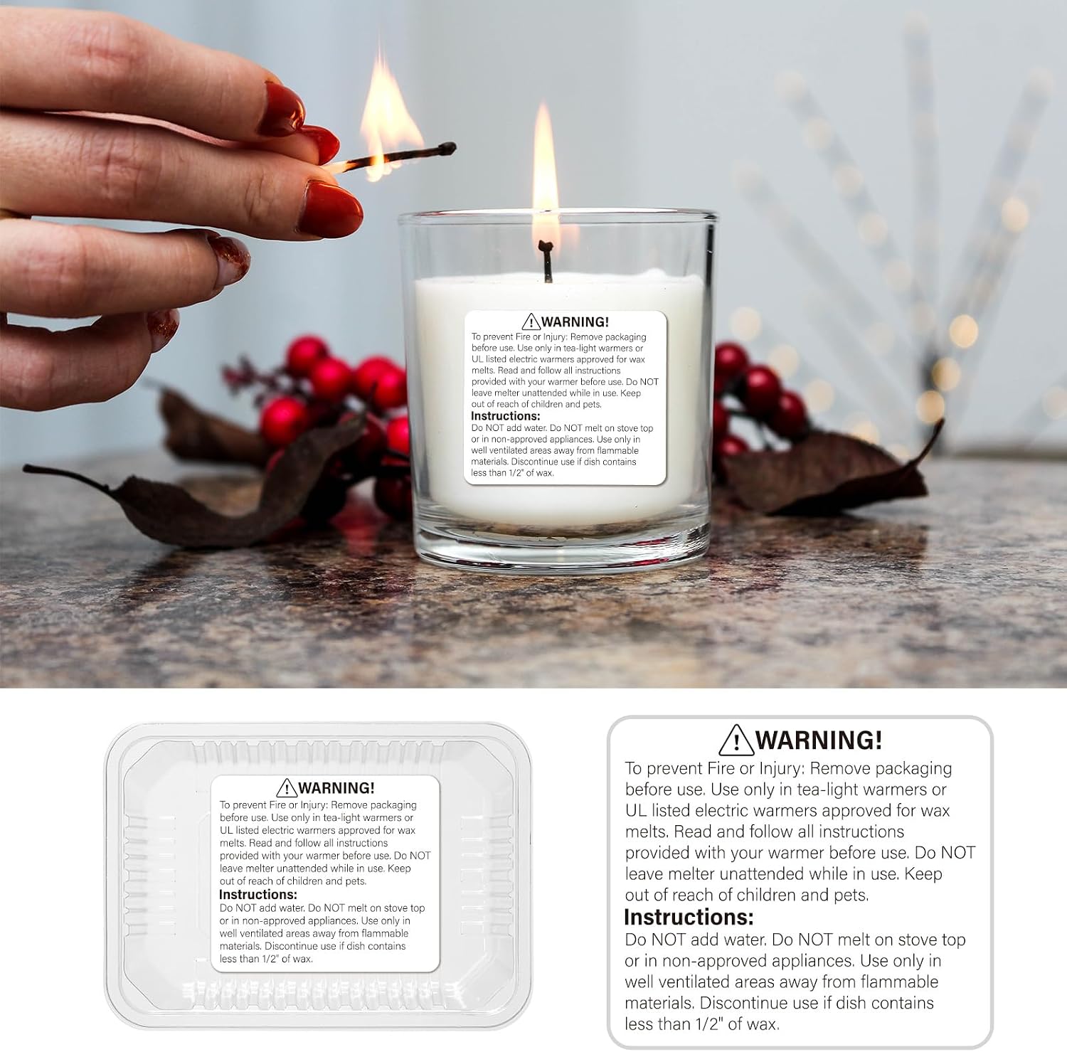 800pcs Candle Warning Labels 1.8x1.5Inch Wax Melt Warning Sticker | White Candle Safety Labels for Soy Candle Making